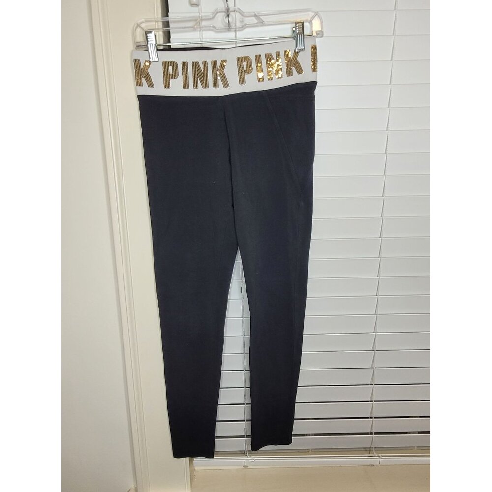 Victorias Secret Pink Y2K Fold over Yoga Leggings Black Gold Sequin S retro